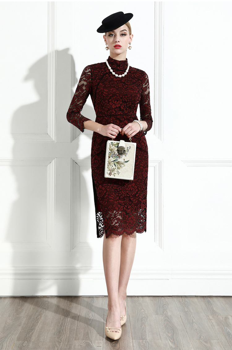 dark red lace long qipao dress