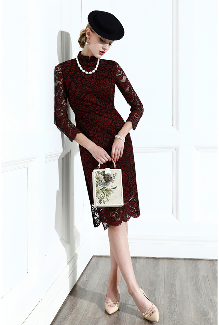 dark red lace long qipao dress