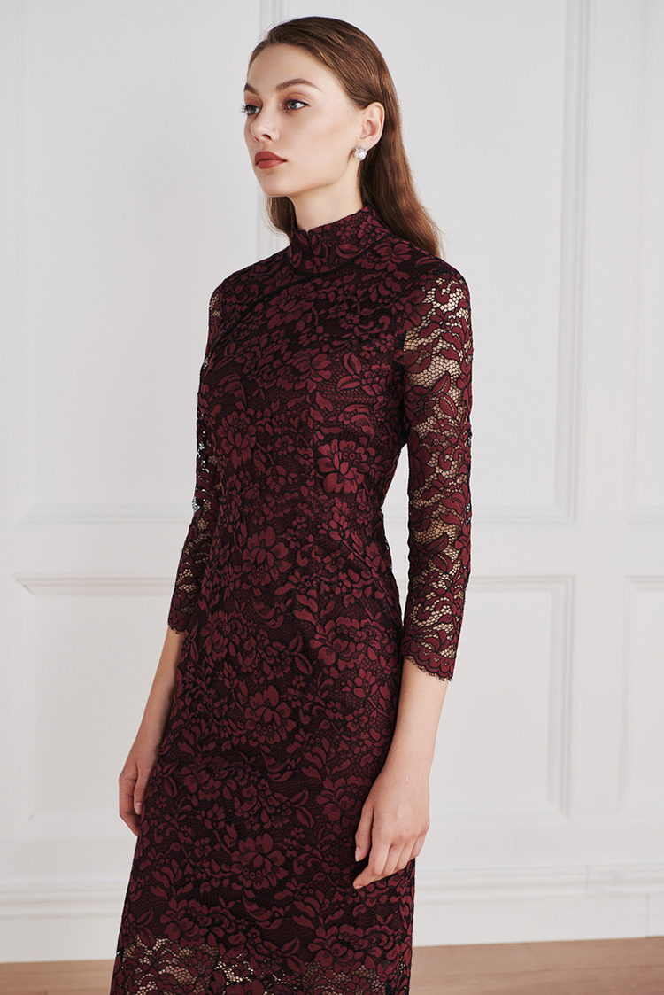 dark red lace long qipao dress