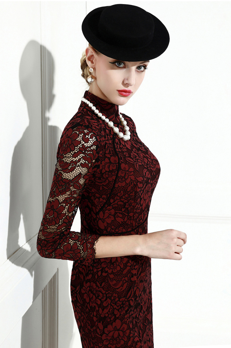 dark red lace long qipao dress