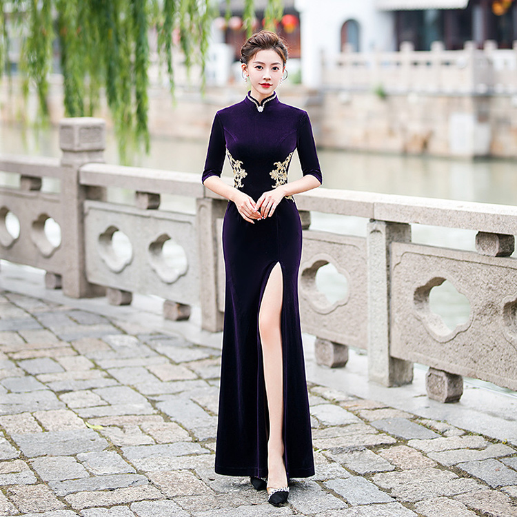 Custom-made Single slit velvet cheongsam dress