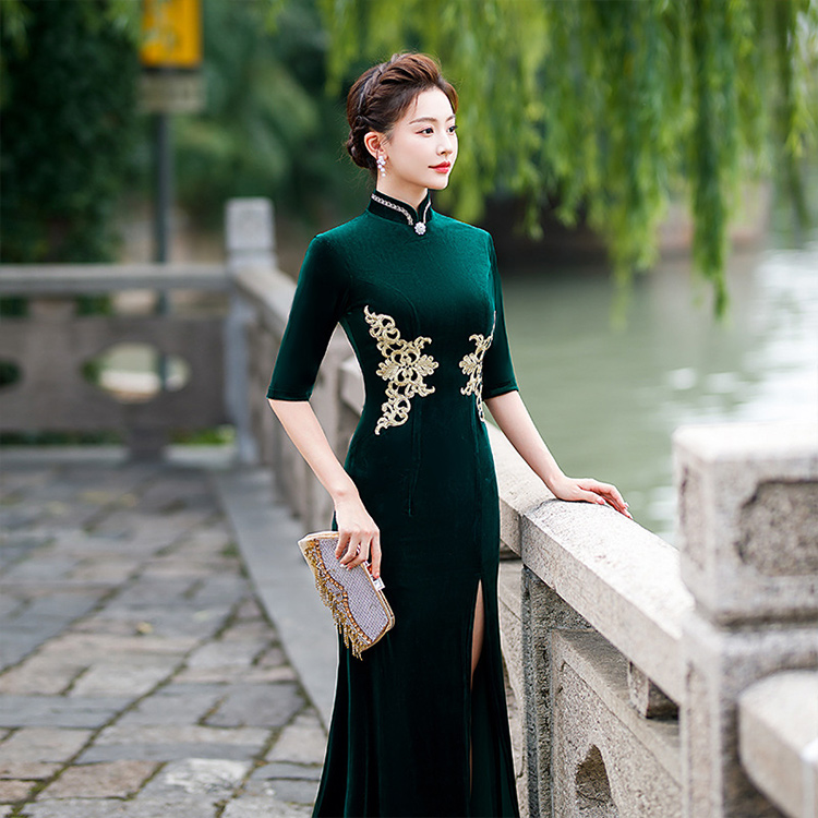 Custom-made Single slit velvet cheongsam dress