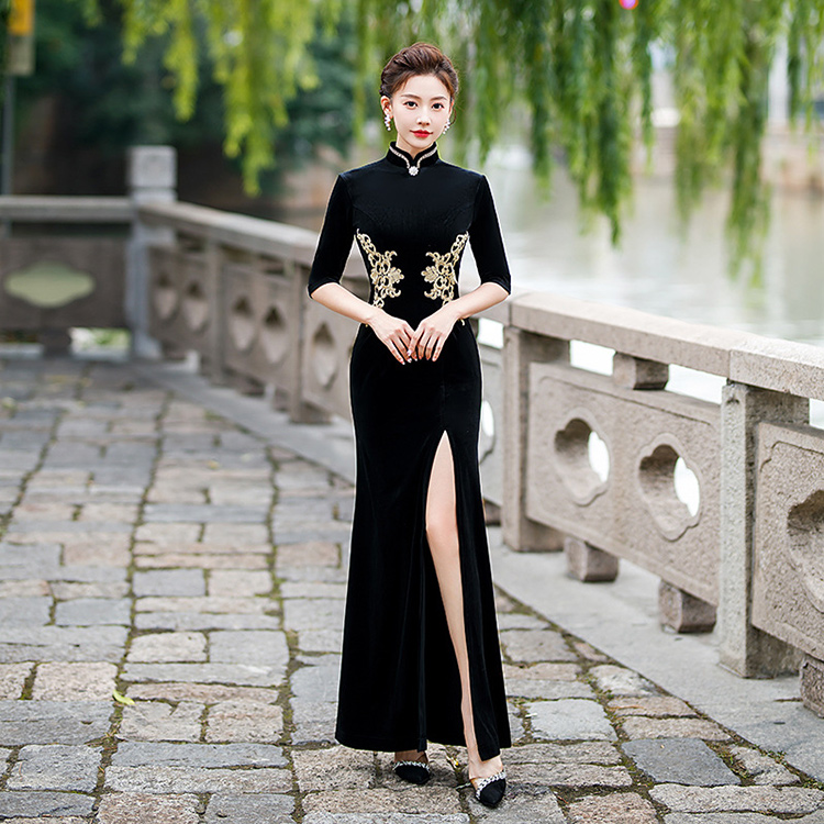 Custom-made Single slit velvet cheongsam dress