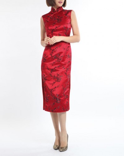 Chinese Cheongsam Qipao Dress Black with Dark Red Plum Flower