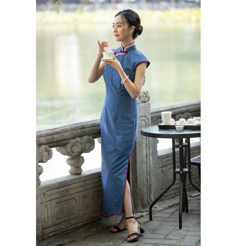 2023 tea Party Blue Cotton Qipao - Custom-made Cheongsam,Chinese clothes,  Qipao, Chinese Dresses, chinese clothing,EFU Tailor Shop