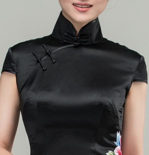 black satin oriental dress New Luxurious Satin Chinese Black Floral Short Dress Cheongsam Qipao  Lcdress172