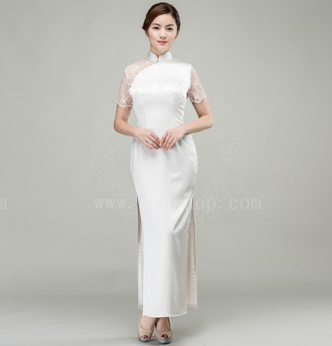 White silk qipao dress with lace back 2809 White silk qipao dress with lace back 2809