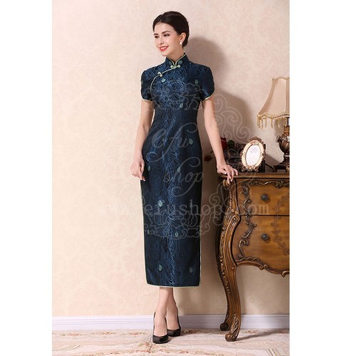 Dark blue long cheongsam dress - Custom 