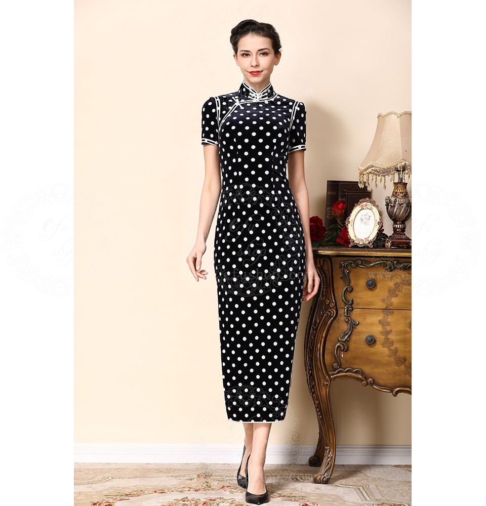 Dark blue cheongsam dress with white dots - Custom-made Cheongsam ...