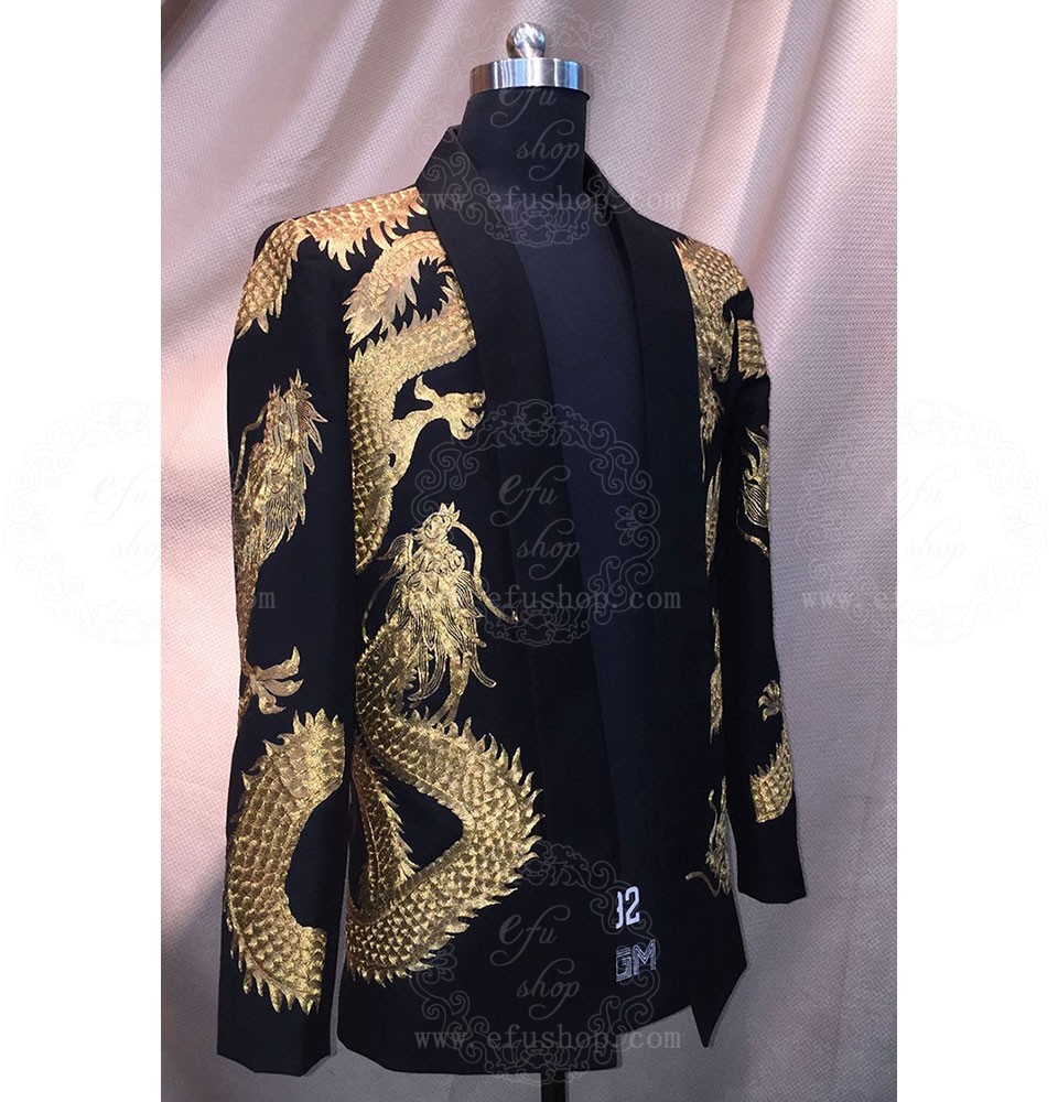 Black mens suit with dragon gold embroidery Custommade Cheongsam