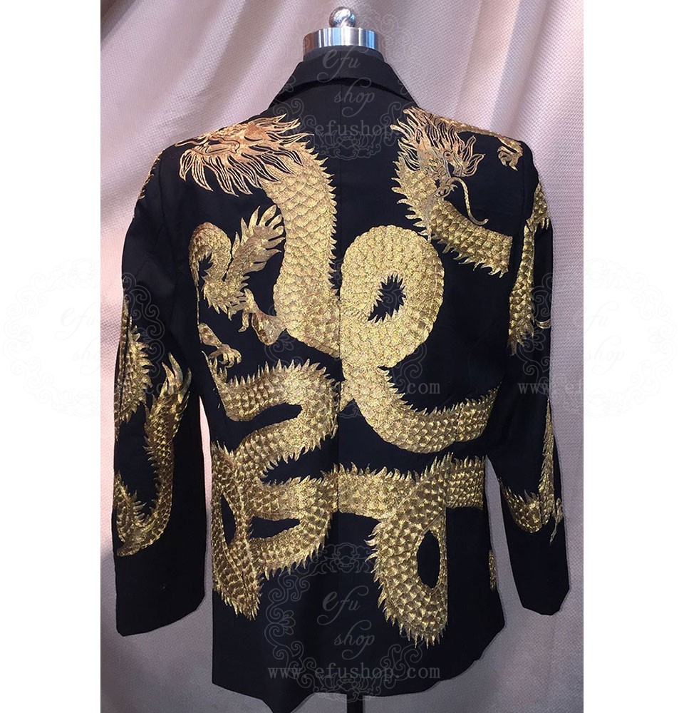 Black mens suit with dragon gold embroidery Custommade Cheongsam