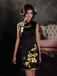 Black cheongsam with golden flowers embroidery