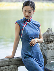 2023 tea Party Blue Cotton Qipao