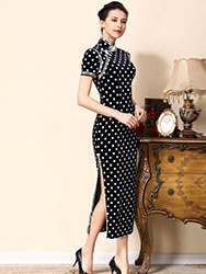 Dark blue cheongsam dress with white dots