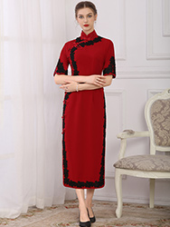 Wine red cheongsam with wide black piping