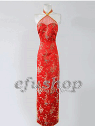 Halter-style red coloful dragon and phonix silk brocade cheongsam SCT267