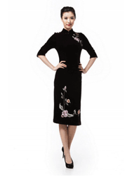 Black velour half sleeves cheongsam dress SQE222