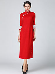 Red wool improve cheongsam with white lace piping