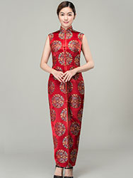 Red circles with dragon bats silk brocade cheongsam dress 