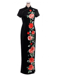 Black silk with peony embroidery cheongsam dress SQE114