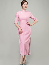 Pink cotton-linen long qipao dress