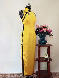 Yellow long qipao dress with black trim 