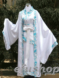 white satin with light blue brocade border Chinese hanfu dress OHF019