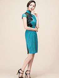 Light turquoise cotton short qipao dress