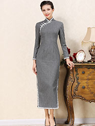 Gray wool stripes cheongsam dress