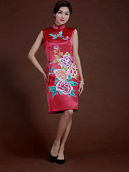Watermelon red silk with embroidery qipao dress