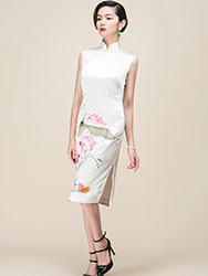 White silk with lotus embroidery qipao dress 