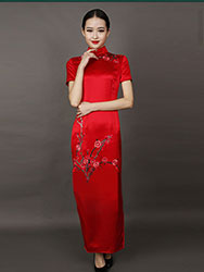 Red long cheongsam dress with  plum embroidery