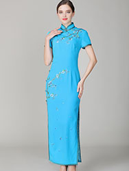 Lake-blue cheongsam dress with embroidery