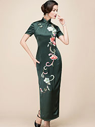 Dark green slik embroidery long cheongsam