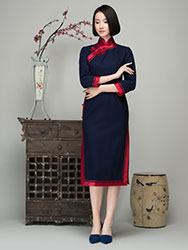 Navy wool blending cheongsam