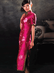 Purplish red tai silk withflower embroidery cheongsam