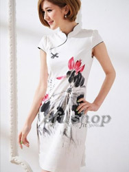 Natural white cotton with lutos painted cheongsam dress SQH44