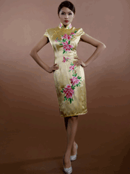 Light golden cheongsam with peonys embroidery 