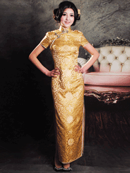 Golden long cheonsam dress