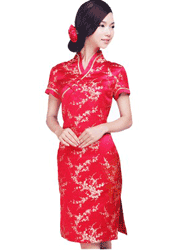 plum silk brocade V neck qipao dress 