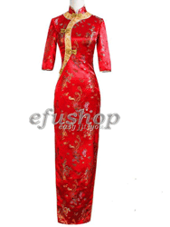 Red with green double fish brocade dress SCT269