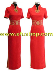 V collar red wedding cheongsam