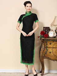  Black lace cheongsam dress  with green piping
