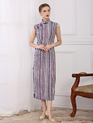 Purple stripe long cheongsam dress