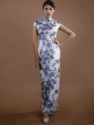 White with blue floral silk long qipao dress