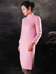 Pink woolen short cheongsam with long sleeves