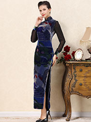 Blue velvet cheongsam dress with crane pattern