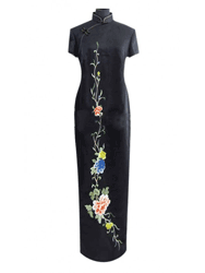 Black pure silk with embroidery cheongsam dress SQE142