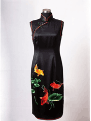 Black silk with goldfish embroidery qipao SQE160