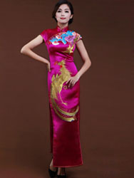Rosy silk cheongsam with golden phoenix